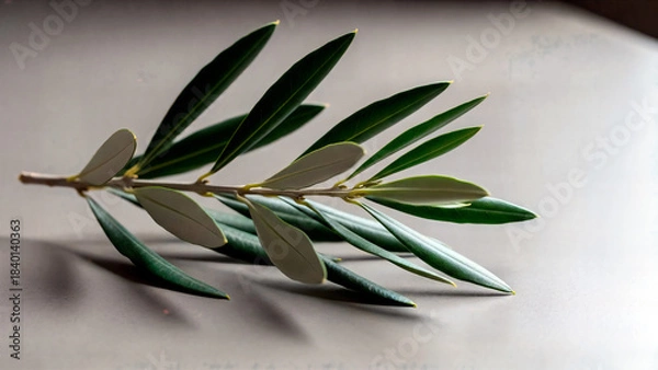 Fototapeta Olive branch with green narrow leaves on a light background, minimalist still life, natural element, symbol of peace and purity, eco design