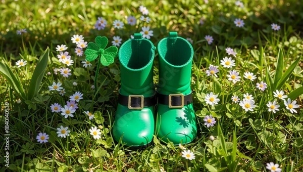 Fototapeta A leprechaun's green rubber boots with buckles stand on grass with white daisies and green clover. Sunlight, a spring garden, nature, freshness, and a spirit of good luck.