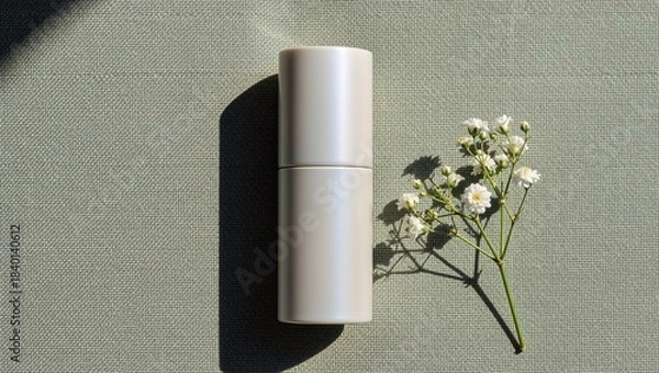 Fototapeta Minimalistic white cosmetic packaging with a bottle and a sprig of white flowers on a textured background, natural light, clean modern style