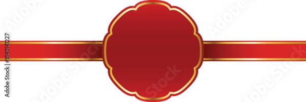 Fototapeta Red Banner with Flower Shape and Gold Trim. Frame Template on Transparent background.