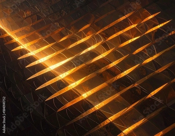 Fototapeta Abstract Composition of Diagonal Metallic Blades with Warm Light and Shadow Play