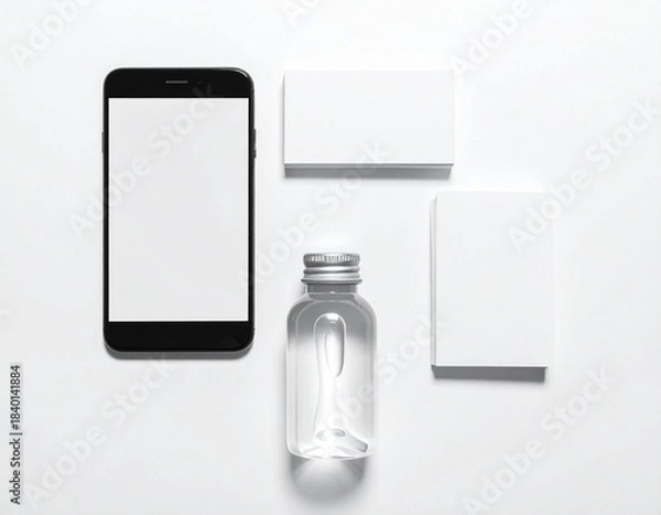 Fototapeta Flat Lay of Smartphone, White Boxes, and Clear Bottle with Silver Cap on Minimalist White Surface