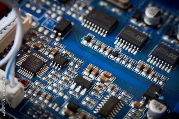 Obraz Close up of electronic circuit board with microchips and capacitors