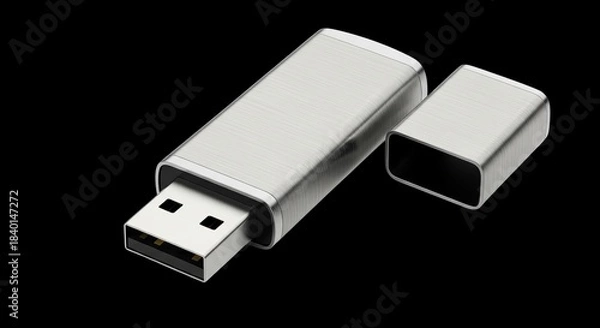 Fototapeta Sleek brushed metal usb flash drive with cap removed on a deep highlighting data storage technology on transparent background