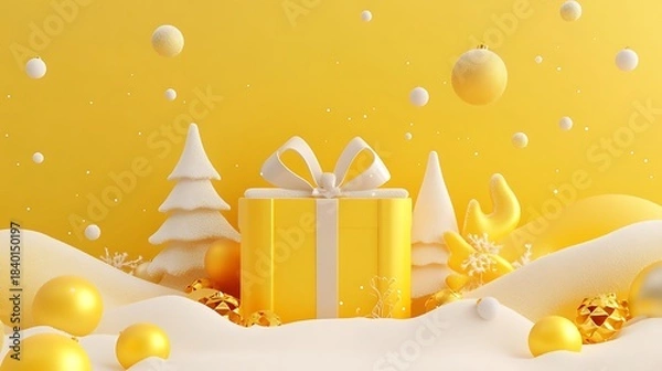 Obraz Yellow Christmas layout with gift package and festive decor