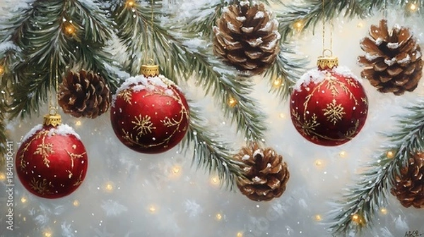 Obraz Red baubles hanging on pine branches glowing golden lights snow falling background