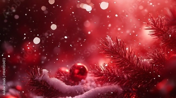 Obraz Snowy red background with pine tree red decorations glowing bokeh lights