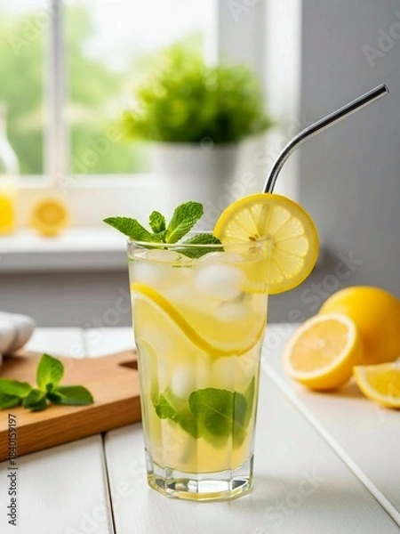 Fototapeta Fresh Lemonade with Mint and Ice on White Table