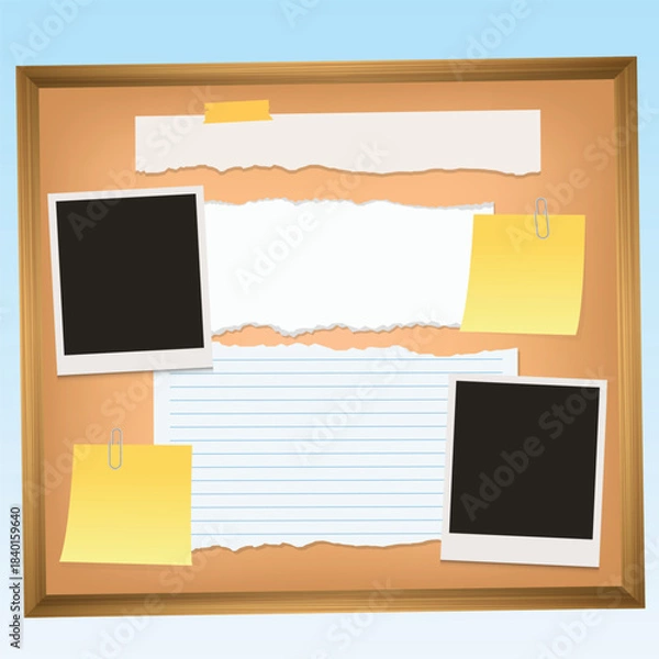 Obraz Bulletin board template with empty photo frame, blank paper and sticky notes Vector illustration	