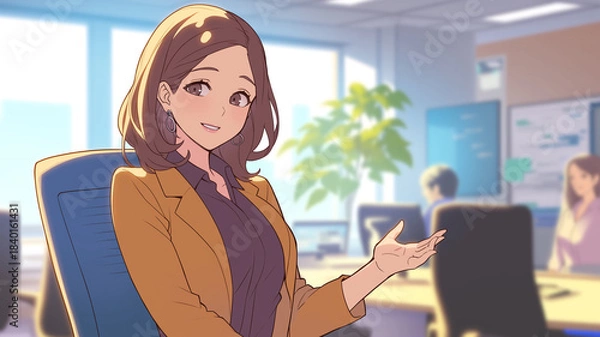 Obraz 笑顔でデスクワークに取り組む若いビジネスウーマン｜明るいオフィスの雰囲気を伝えるアニメ風イラスト素材｜ビジネス、仕事、企業、キャリア、働く、職場、事務、女性、社内環境に使いやすい