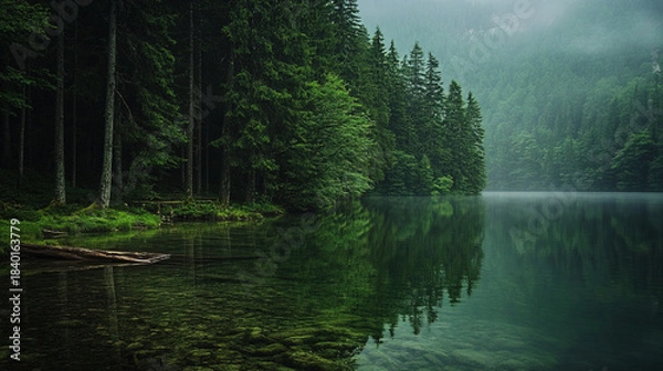 Fototapeta The serenity of the lake and the forest fill you with a deep sense of calm. How does this moment of stillness allow you to reflect on whatâ€™s important in your life?