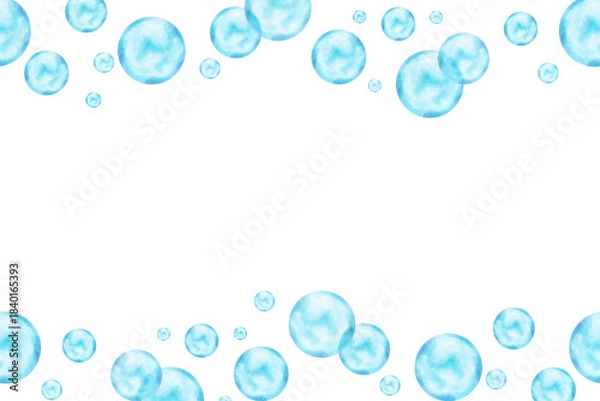 Fototapeta Horizontal frame of water bubbles streams. Watercolor illustration. Blue transparent underwater element. Hand drawn isolated art. Border for marine, summer and cosmetic themes, children's projects.