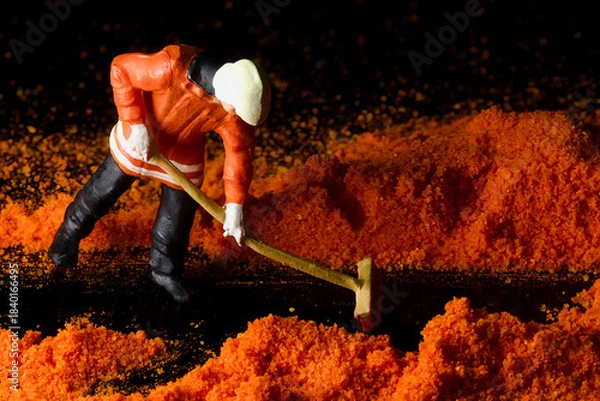 Obraz Tiny workers moving spice mountains miniature worker clearing path through orange spice powder
