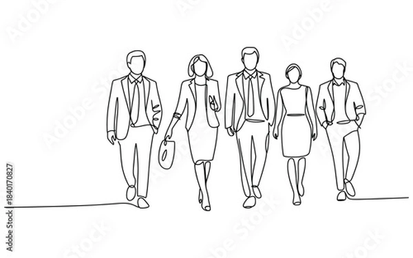 Fototapeta Diverse group of five professionals walking forward in a single line art drawing, business attire, corporate team concept.