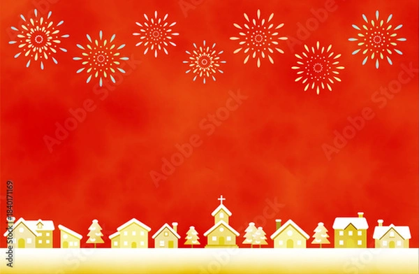 Obraz 冬の街並みと花火のクリスマス背景イラスト