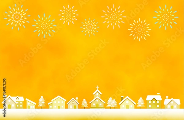 Obraz 冬の街並みと花火のクリスマス背景イラスト
