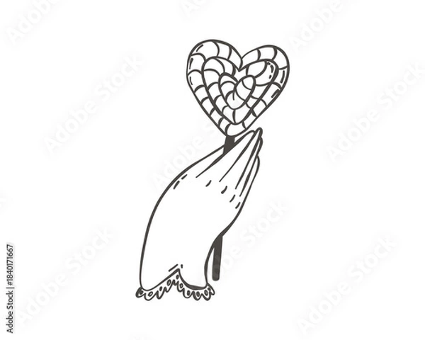 Fototapeta Whimsical Doodle Hand holding heart shaped lollipop. Valentine's Day, love, sweets.
