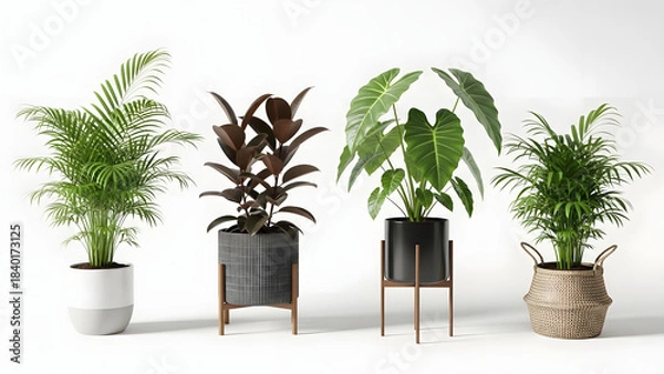 Obraz Collection of four potted houseplants with lush green foliage, displayed against a white background