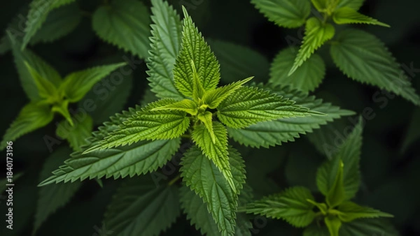 Obraz Close-up of vibrant green nettle leaves, showcasing their serrated edges and detailed texture against a dark, blurred background