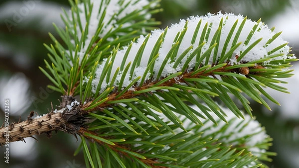 Obraz Delicate white snow gently blankets the vibrant green needles of a winter pine branch, showcasing the quiet beauty of a frosty forest scene, capturing the essence of natural tranquility