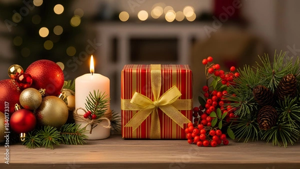 Obraz Cozy holiday scene with a lit candle, elegant gift box, and festive Christmas decorations arranged on a wooden surface, creating a warm and inviting seasonal atmosphere