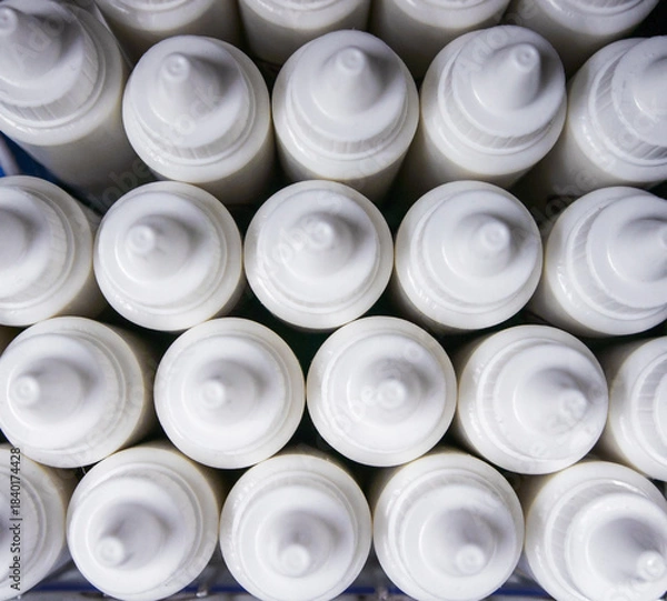 Fototapeta Close-up texture of grouped white plastic dropper containers for pharmaceuticals, cosmetics, or laboratory use. Top view