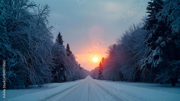Obraz 長く続く冬の道と日の出の風景
