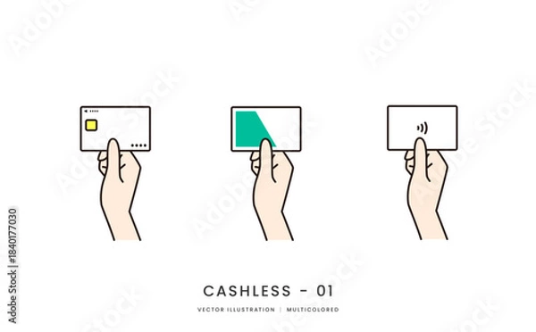 Obraz クレジットカードや交通系ICカードを持つ手のイメージイラストセット