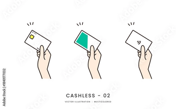 Obraz クレジットカードや交通系ICカードを持つ手のイメージイラストセット