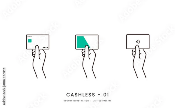 Obraz クレジットカードや交通系ICカードを持つ手のイメージイラストセット