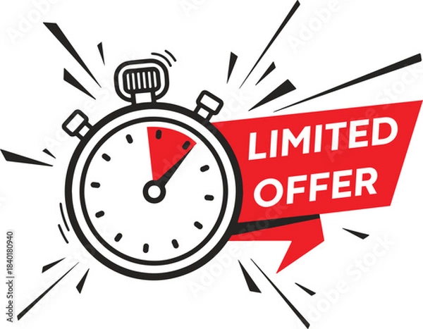 Obraz Limited Offer Vector Illustration: Black Friday Sale Timer, Red Ribbon Banner, Time-Limited Discount Graphic EPS