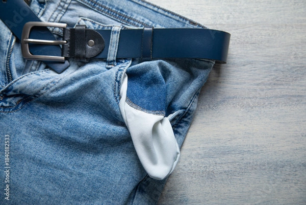 Fototapeta Empty jeans pocket. No money. Crisis