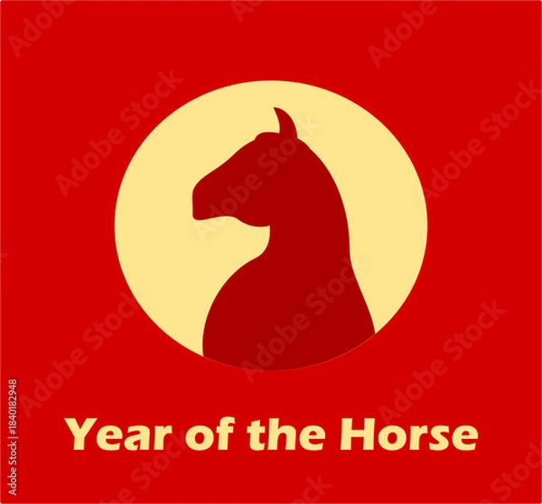 Fototapeta Minimalist poster with the silhouette of a red horse, the symbol of 2026