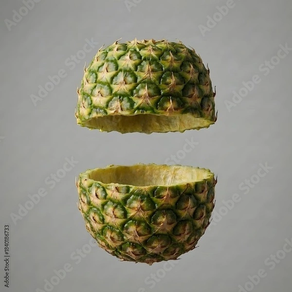 Obraz Floating split pineapple shell in mid-air, front view, green-yellow textured skin