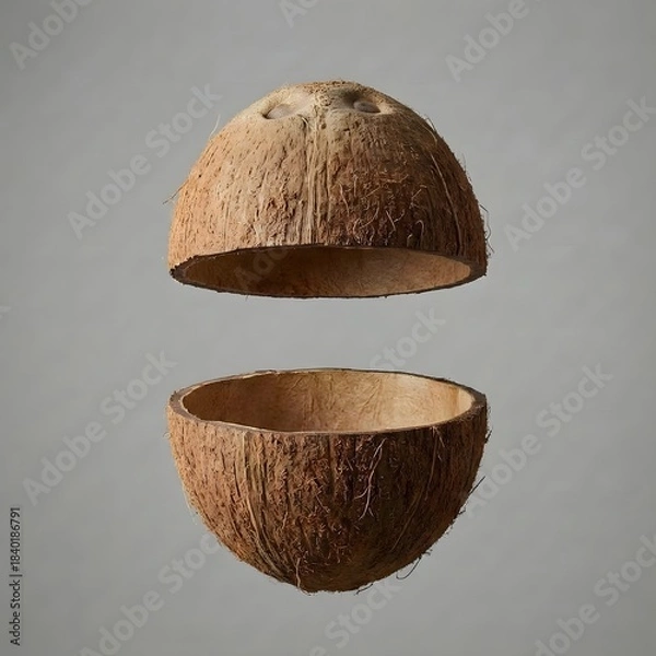 Obraz Floating split coconut shell in mid-air, front view, brown textured husk