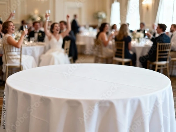Fototapeta Empty wedding reception table mockup with joyful guests in background, clean banquet table top for product placement, elegant indoor or garden wedding setting, minimal decor