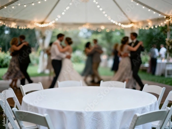 Fototapeta Empty wedding reception table mockup with joyful guests in background, clean banquet table top for product placement, elegant indoor or garden wedding setting, minimal decor