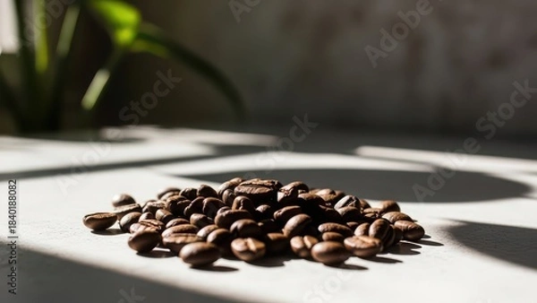 Obraz A small pile of roasted coffee beans rests on a textured surface with dramatic shadows and dappled sunlight creating a warm inviting atmosphere