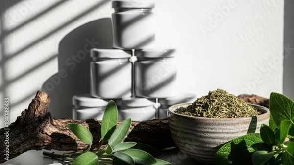 Obraz Stack of white ceramic jars filled with dried herbs and spices casting dramatic shadows from window blinds on a white background