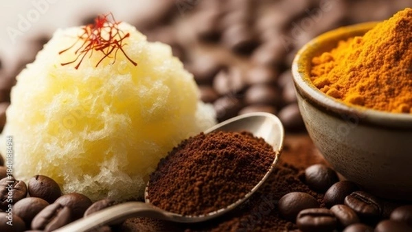 Obraz A refreshing scoop of bright yellow sorbet topped with delicate saffron threads surrounded by coffee beans and ground coffee