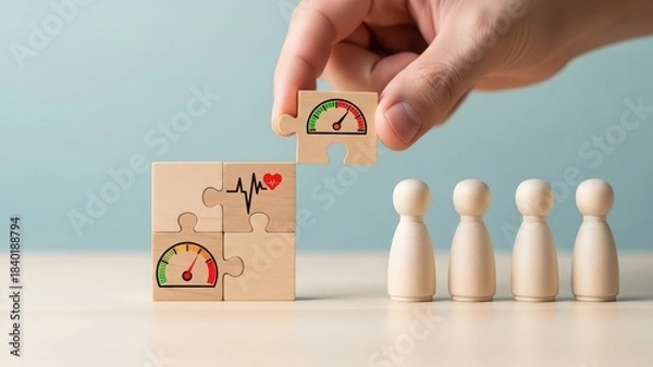 Obraz Hand placing a wooden block with a speed gauge symbol onto a larger block representing a health meter and a heartbeat line