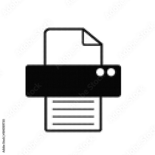 Fototapeta Halftone dotted printer icon with paper sheet, minimalist black and white symbol for print, office, document, technology and device interface design.