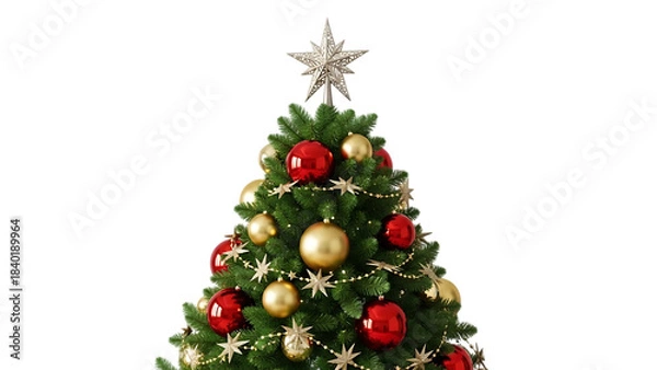 Fototapeta Close-up of a Christmas tree with silver star topper, red and gold ornaments, and star garland, isolated on transparent background.