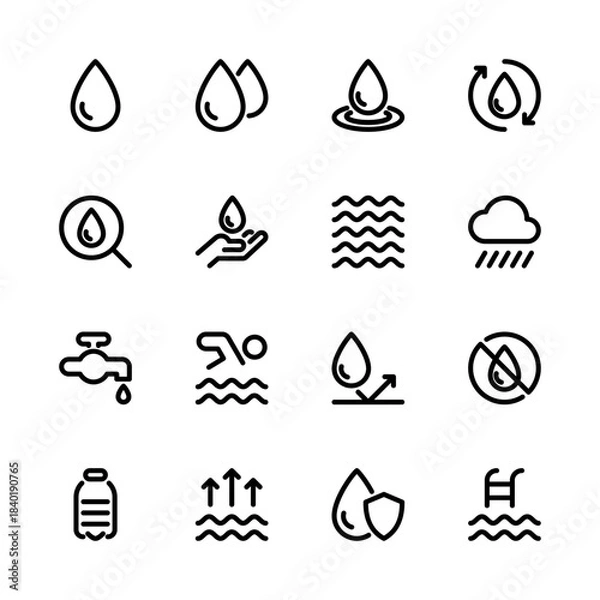 Fototapeta Set of water icons. Water drop, Reuse, Rain, Swim, Protect and more icons. Water Drop icon. 