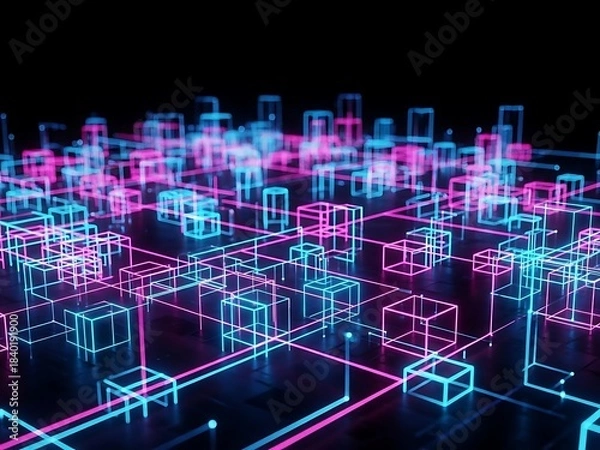 Obraz Abstract glowing cityscape of futuristic digital blocks and lines on a dark background