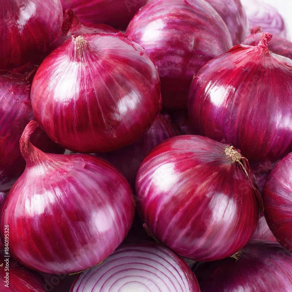Obraz Red onions stacked together with textured skins and natural earthy tones. Suitable for farm-to-table concepts, market promotions, and fresh vegetable branding.