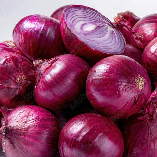 Obraz Fresh red onions arranged neatly with vibrant purple skins and natural shine. Ideal for culinary themes, recipe designs, farm produce ads, and healthy cooking visuals
