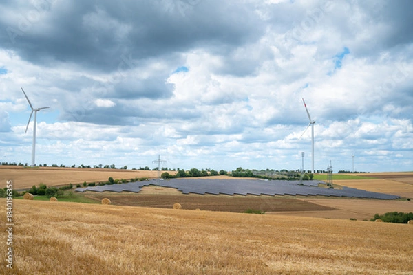 Fototapeta Solar panel power station, wind turbine, renewable efficient sustainable energy, electricity and environment conversation, agriculture field, windmills