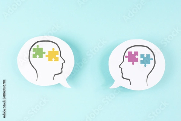 Fototapeta Communication and cooperating in team, exchanging skills, thoughts and knowledge, putting jigsaw parts together, working together