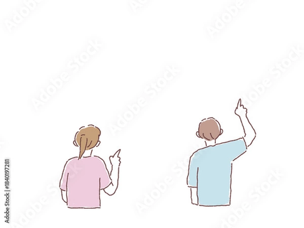 Obraz 指をさす男性と女性の後ろ姿（介護士、看護師、ヘルパー）